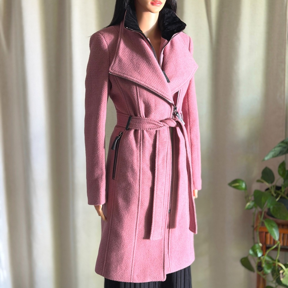 NWOT Calvin Klein Rose Pink Wool Blend Asymmetrical Zip Wrap Coat XS Barbiecore